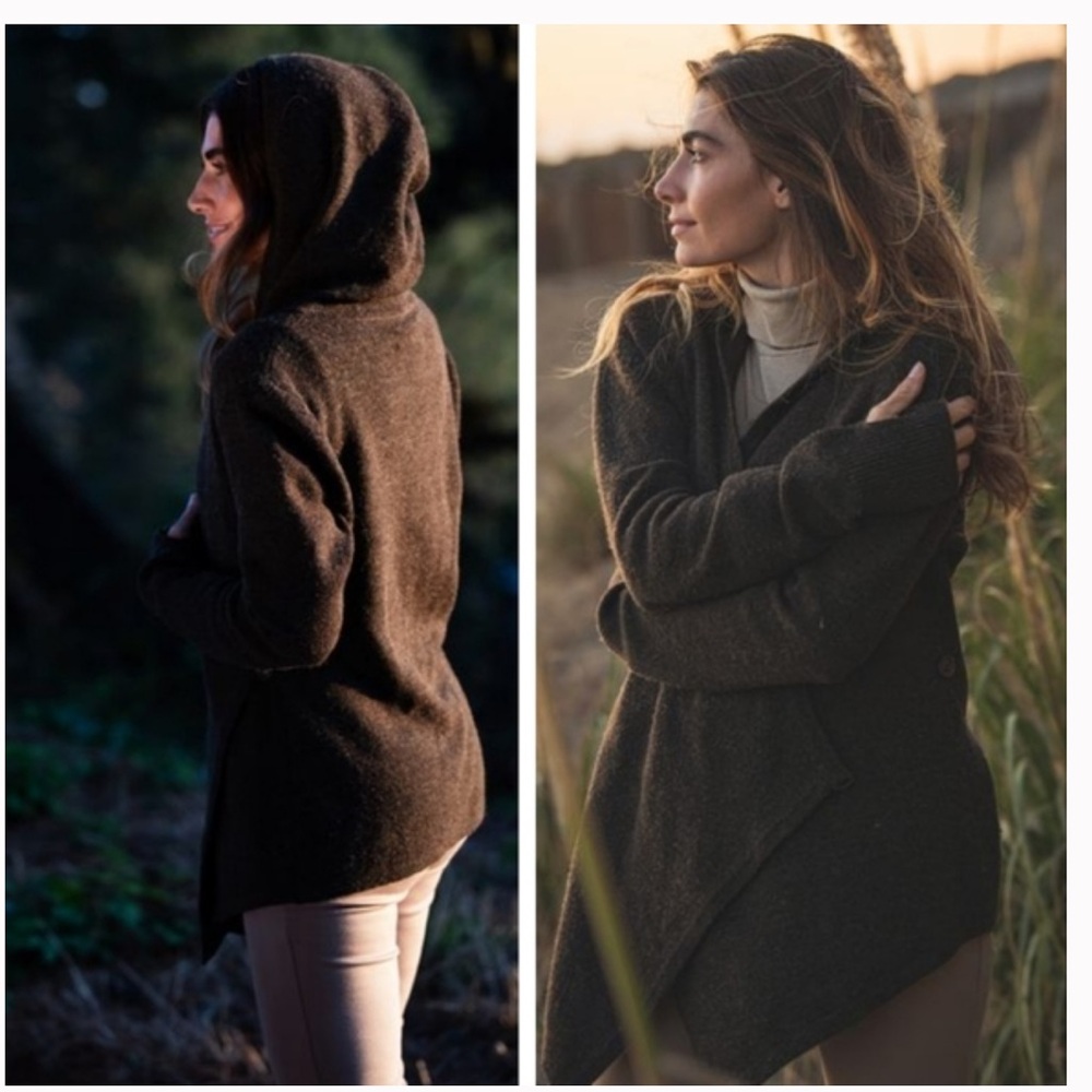 Betabrand Small/Medium Brown Black Sheep Wool Wrap‎ Hooded Cardigan Sweater